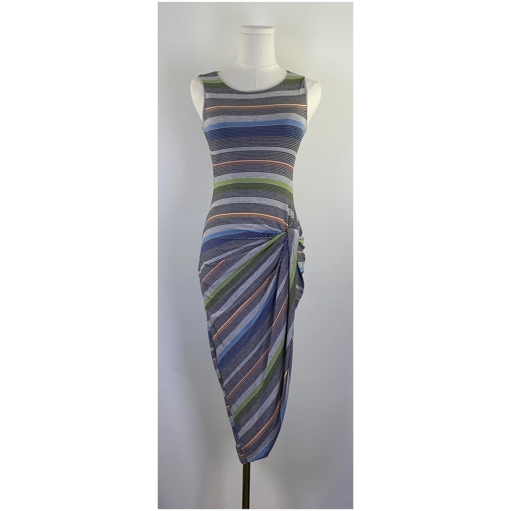 Bailey 44 Midi Dress Womens XS Multicolor Stripe Faux Wrap Ruched Bodycon